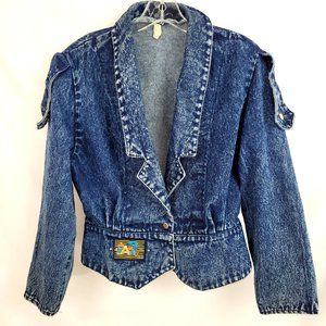 Vintage 80s Denim Jean Jacket Medium 8/10 Blue Acid Wash Studs Military Peplum